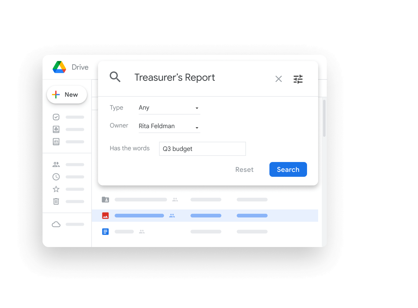 Gráfico de la interfaz de Google Workspace: Búsqueda en Drive