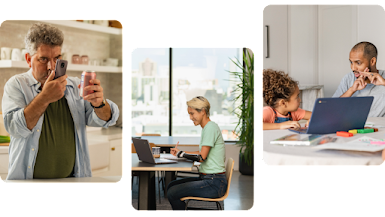 Collage of three photographs: A man with a visual disability holds an Android phone up to a soda can, a person with short blonde hair and a prosthetic arm sits at a table writing, a young girl with curly hair sits behind a Chromebook laptop next to a man showing her sign language hand gestures