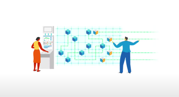 Ilustración de dos personas delante de un diagrama de flujo de trabajo