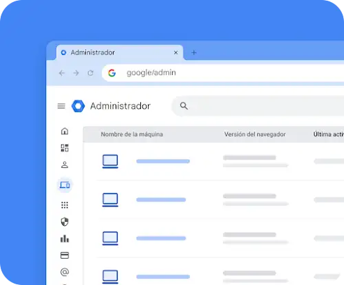 Una vista del administrador de Google ChromeOS con dos columnas que muestran una lista de máquinas y la versión del navegador