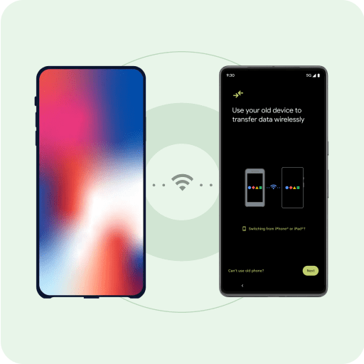 Un iPhone et un téléphone Android neuf, posés côte à côte avec un symbole de connexion Wi-Fi entre les appareils. Une animation avec deux points apparaît entre le symbole Wi-Fi et chaque téléphone pour indiquer qu'un transfert de données sans fil est en cours.