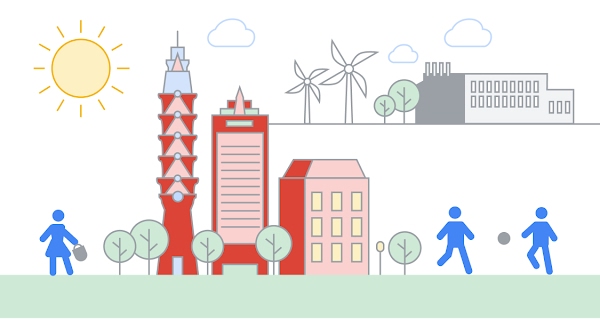 Illustrated image of a town with red buildings and people walking in the foreground, with windmills and a data center in the background.