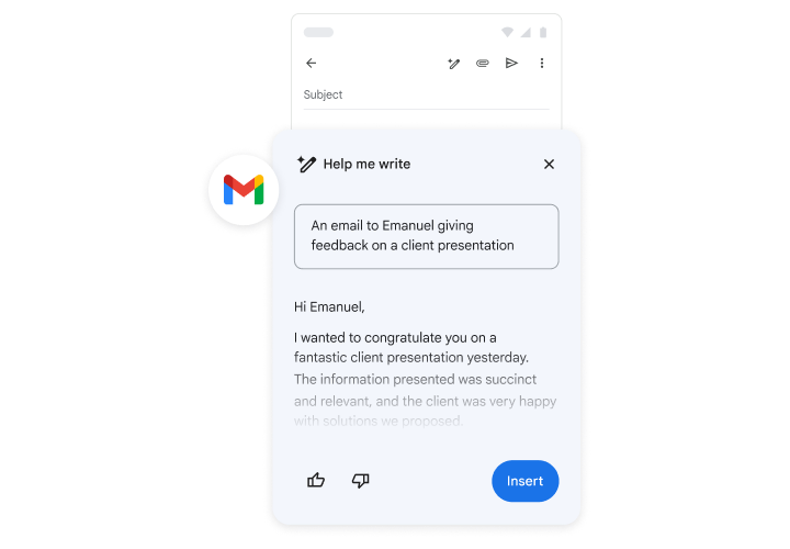 Gemini hjelper noen å skrive en e-post med tilbakemeldinger på en kundepresentasjon.