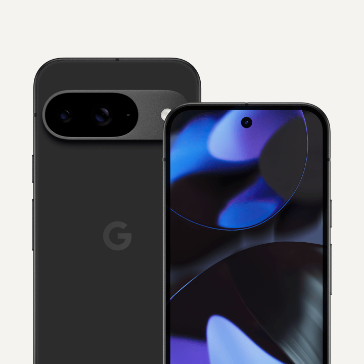 The front and back of a Pixel 9 in Obsidian colour. The back shows off its upgraded camera bump, while the front shows off its brilliant display.