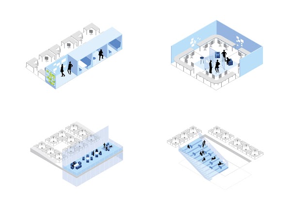 A basic rendering of four instances of how people may use  office space, meeting rooms, and community space.