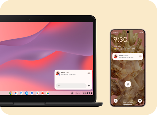 A Chromebook and a phone are side by side, both showing a text message alert from “Rachel.”
