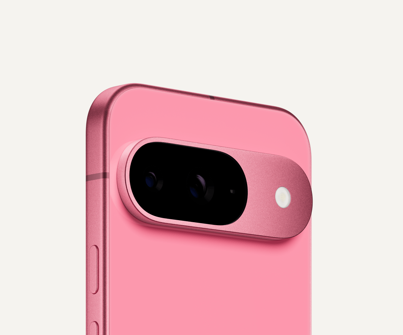 The top third of the back of Pixel 9 in Peony colour.