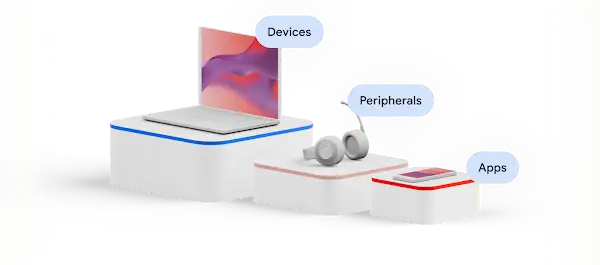 A laptop, headphone, and cellphone on individual pedestals