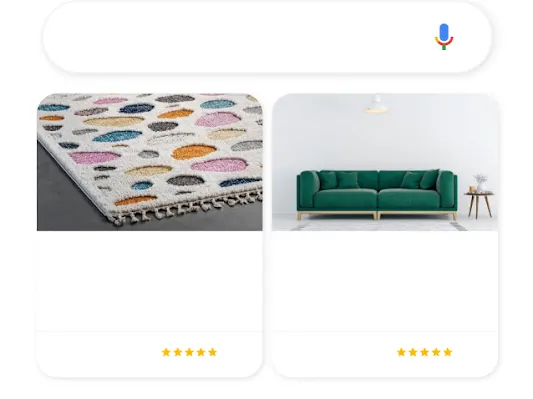 Illustration of a phone showing a Google search query for Home Decor that results in two relevant Shopping Ads.