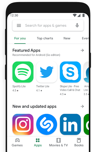 Google Play that shows featured apps recommended for Android (Go edition) and new and updated apps.