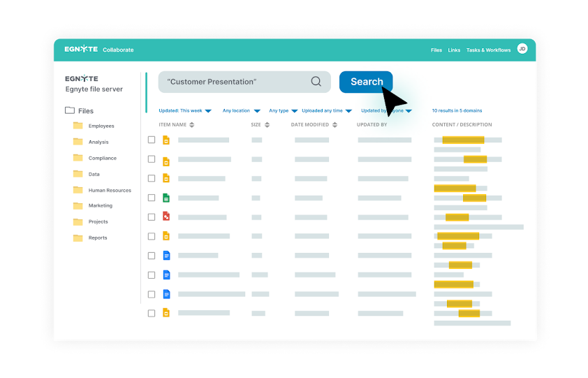 Image showing Egnyte collaboration screen with the search option for customer presentations.