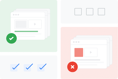 A web page with a green checkmark contrasted with a web page with a red X shows how policies govern across Google.