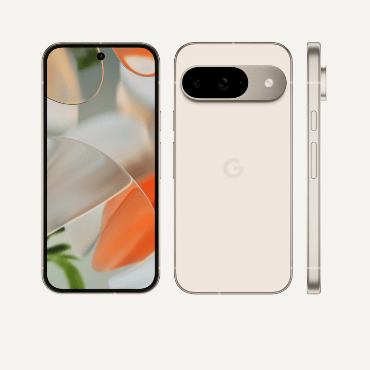 The front, back and side of a Pixel 9 in Porcelain colour. The back shows off its upgraded camera bump, the front shows off its brilliant display and the side shows off its satin-finish metal frame.