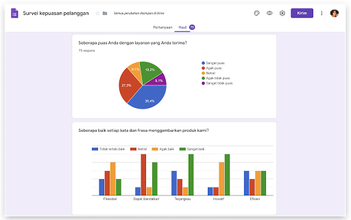 UI Formulir menampilkan respons dan pengumpulan data dari Google Formulir.