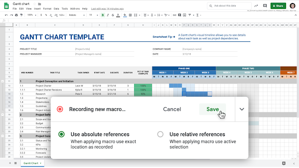 Gráfico de Gantt no Google Sheets com a opção "A gravar uma nova macro…" 