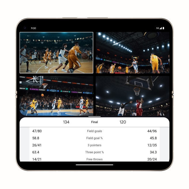 An unfolded Pixel 9 Pro Fold. A basketball game is on the top screen, while stats are displayed on the bottom screen.