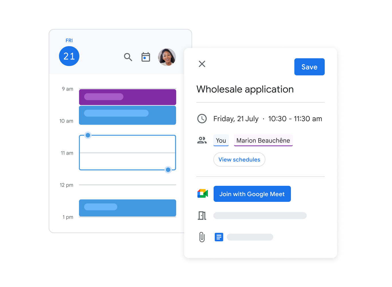 Cuplikan UI Google Kalender yang menampilkan pengguna sedang membuat rapat, mengundang orang lain, dan membuat link Google Meet.