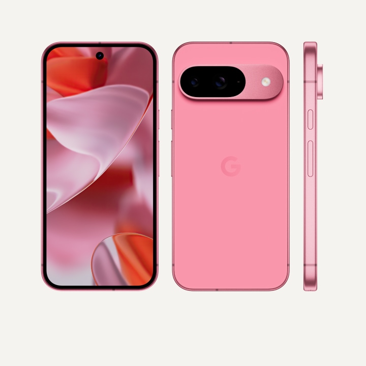 The front, back and side of a Pixel 9 in Peony colour. The back shows off its upgraded camera bump, the front shows off its brilliant display and the side shows off its satin-finish metal frame.