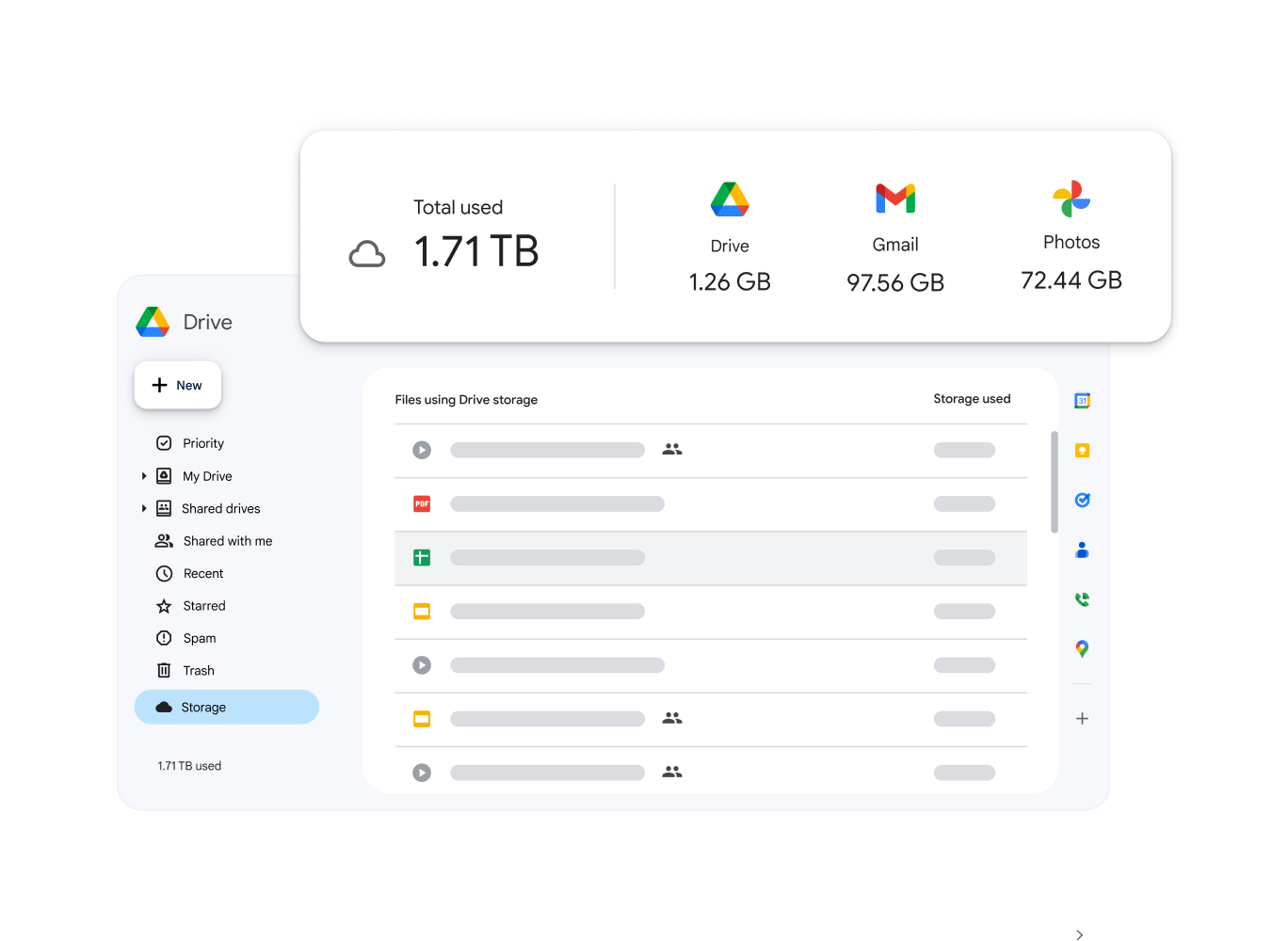 A stylized version of the Drive storage interface, superimposed with storage data for Drive, Gmail and Photos.