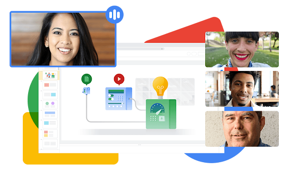 Google Meet でユーザーが通話し、Google スライドのプレゼンテーションで共同作業していることを示すイラスト。