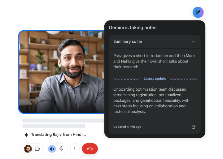 During a video call, Gemini in Meet translates from Hindi to English and takes notes.