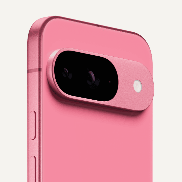 Angled close-up of the back of a Pixel 9 in Peony colour.