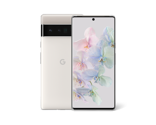 Front and back of Pixel 6 Pro in Cloudy White