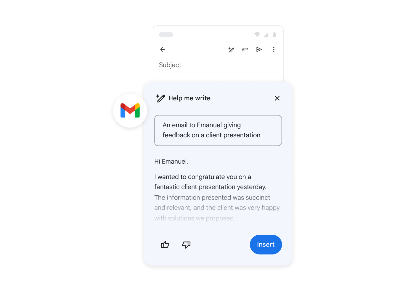 Gemini hjelper noen å skrive en e-post med tilbakemeldinger på en kundepresentasjon.