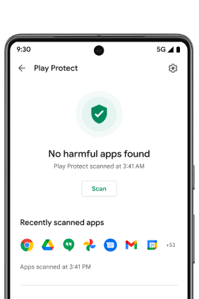 L'écran d'un téléphone Android sur lequel Google Play Protect est ouvert. L'icône d'un bouclier vert avec une coche est affichée avec le message "Aucune appli dangereuse détectée", confirmant que le téléphone de l'utilisateur est sécurisé.