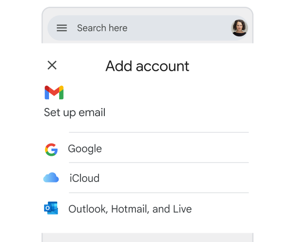 A simplified phone UI has the header ‘Add account’ and shows icons from different email services, demonstrating the simplicity of adding different email providers to the Gmail app.