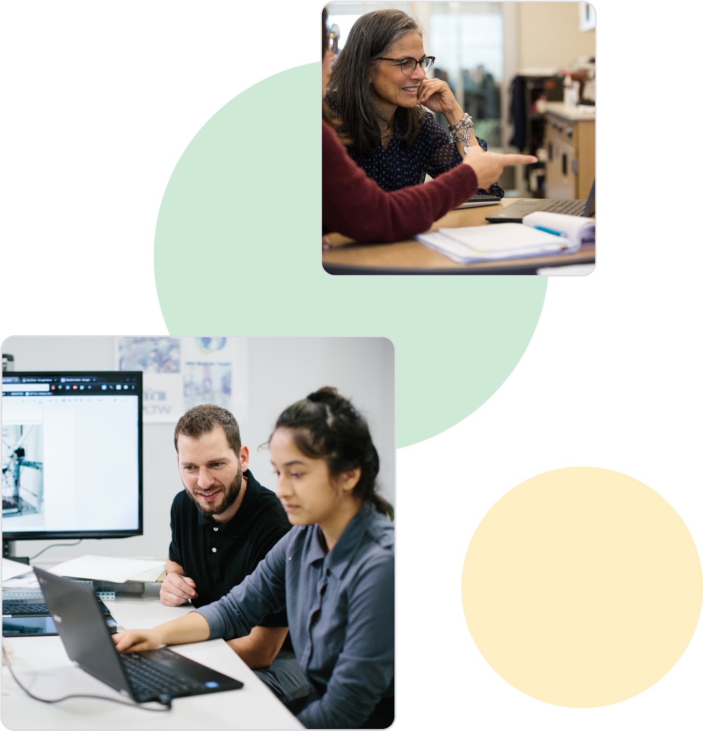 Two different images show teachers helping their students using laptops in one-on-one sessions. The images are connected by an abstract circle.