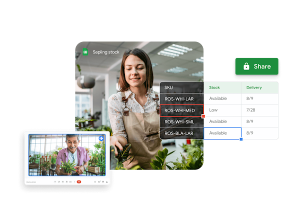 Two people on a Google Meet call discussing plants while updating a Google Sheet with product inventory. 