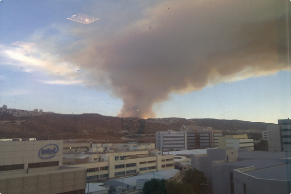 Beyond a cityscape of light-colored buildings, a cloud of grey smoke billows from the hillside of Mount Carmel.