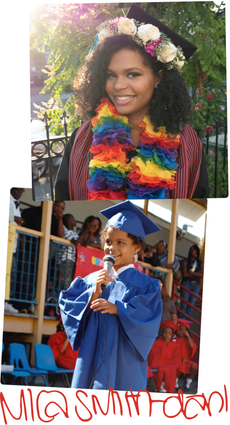 Mica in graduation cap and gown, Mica as a young child making a speech on stage.