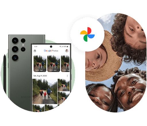 Image montrant le visage de quatre amis souriants, photographiés par le dessous. En bas à gauche, l'arrière d'un Galaxy S23 Ultra, ainsi que l'écran Google Photos affichant plusieurs fois une même photo. En haut à droite, l'icône de Google Photos.