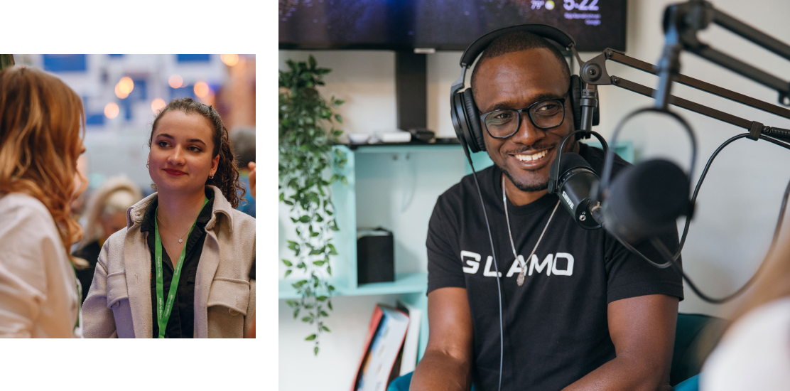 2 women talking with each other, 1 in focus; A man wearing headphones speaking on the mic and smiling