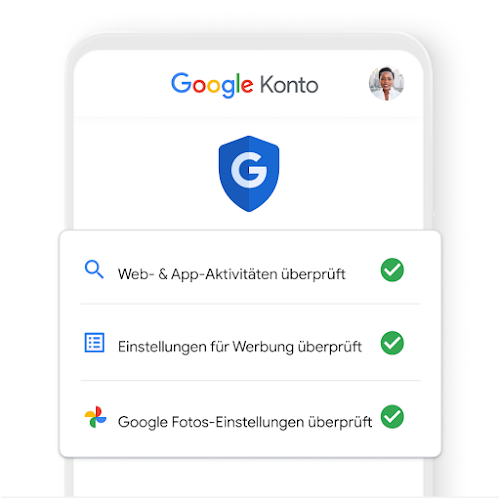 Google-Konto-Menü auf einem Mobilgerät zeigt an, dass alle Einstellungen geprüft wurden.