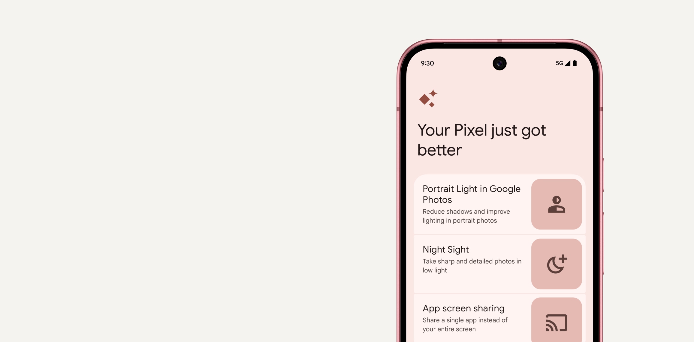 A Pixel phone screen shows a notification for a Pixel update. It reads 'your Pixel just got better'.