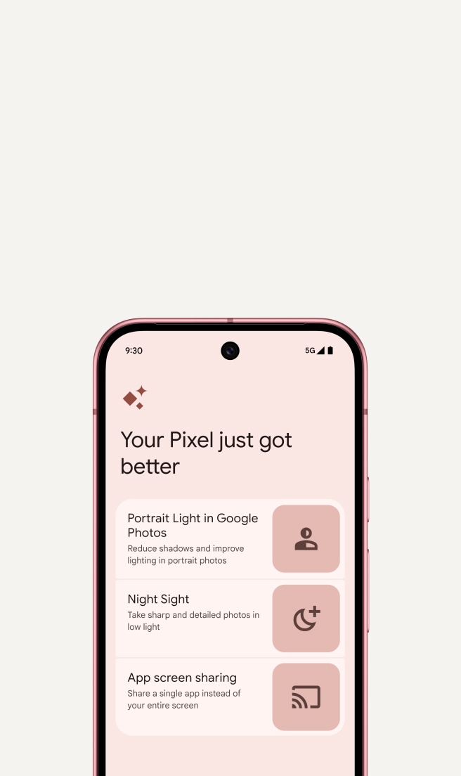 A Pixel phone screen shows a notification for a Pixel update. It reads 'your Pixel just got better'.