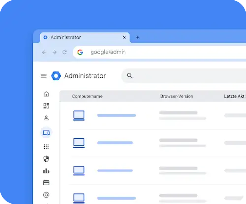 Ansicht Admin-Bereich von Google ChromeOS mit zwei Spalten, in denen Geräte und Browserversionen aufgelistet sind