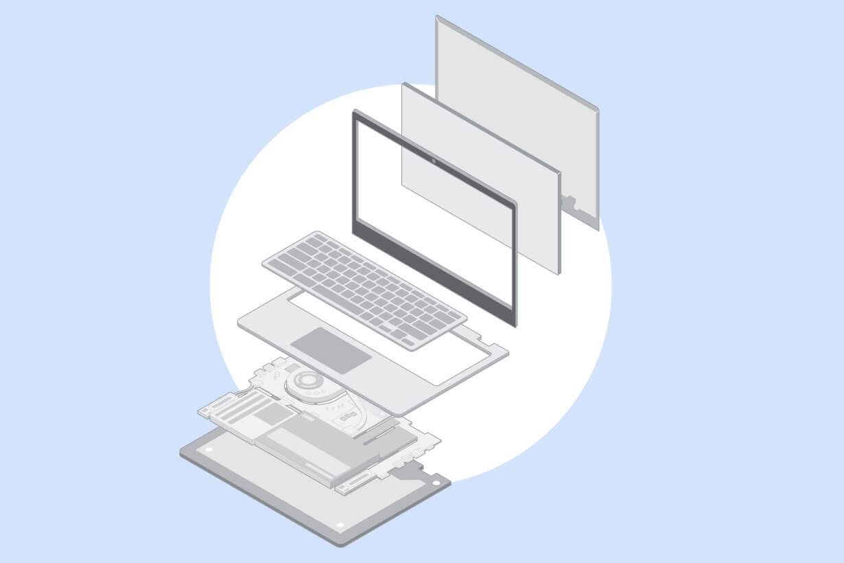 A Chromebook’s individual parts are separated and expanded to show all of the possibilities for repair.