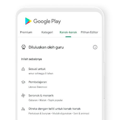 Telefon yang menampilkan tab kanak-kanak pada Google Play dengan kandungan yang dilluluskan oleh guru