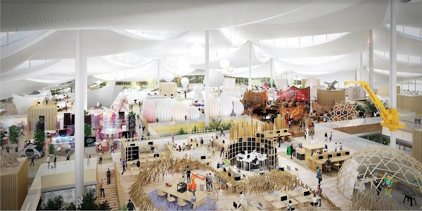 A rendering of a bustling interior with Googlers at desks, in offices and in common spaces.