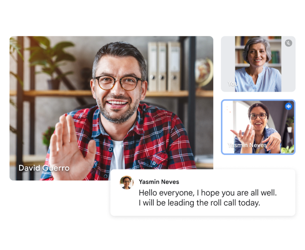 Panggilan video Google Meet yang memperlihatkan tiga orang pengguna, dengan transkrip instan yang berbunyi, "Hello, everyone, I hope you all are well. I will be leading the roll call today.” 
