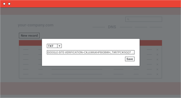 An abstract image shows an example of a TXT record at a generic domain registrar. 