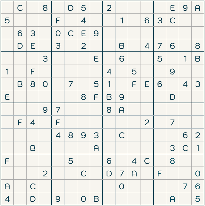 easy hexadoku 16x16 sudoku puzzle