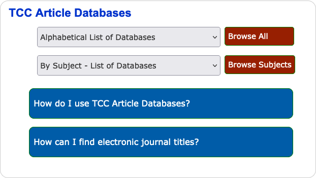 Screen shot of TCC Article Databases Drop Down Lists