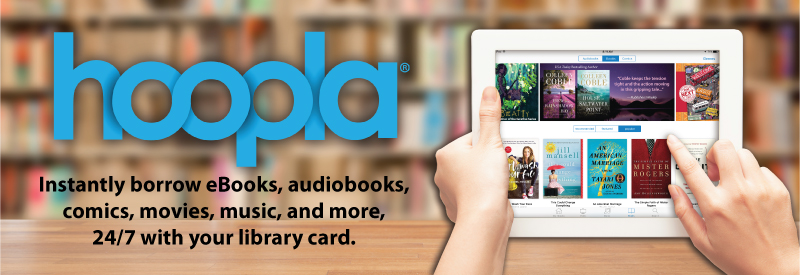 Information logo for Hoopla, which includes a hand borrowing an electronic book on a digital device.