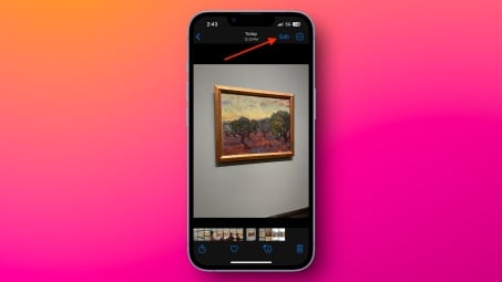 An arrow points to the Edit button in the top-right corner in iOS 17's Photos app.