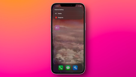 An iPhone home screen with the Adjust Volume shortcut running. The pop-up window shows two options: Media and Ringtone.